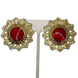 Vintage Gold Tone Baroque Oversized Statement Earrings Red Victorian Style Regal